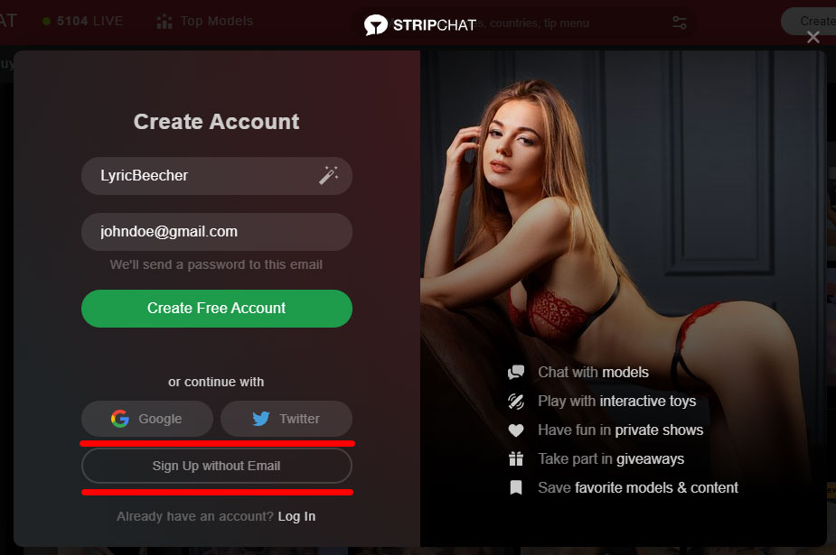 StripChat alternate registration methods