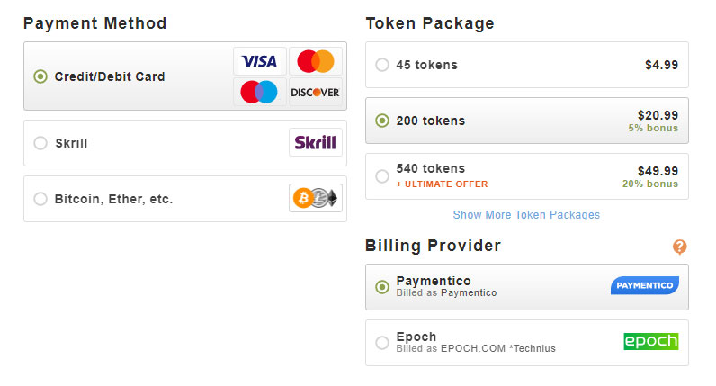 StripChat buy tokens form