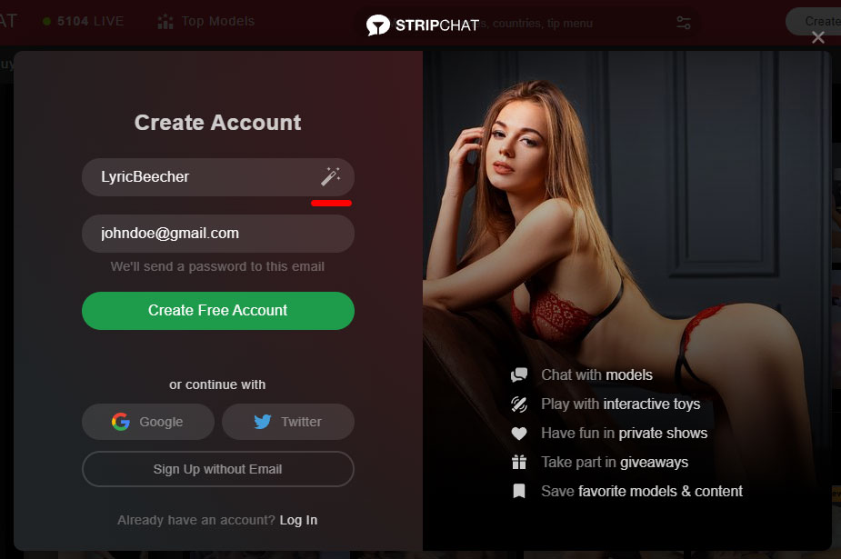StripChat create account form